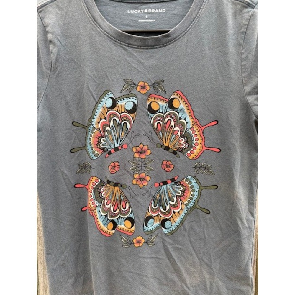 Boho Graphic Butterfly Lucky Brand T-Shirt Womens Small Gray - Picture 4 of 5